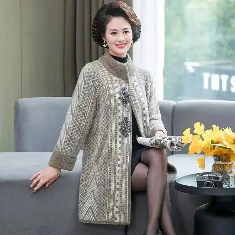 

Длинное повседневное благородное матери среднего возраста для пожилых женщин, осенне-зимнее стильное шерстяное пальто из искусственного меха норки