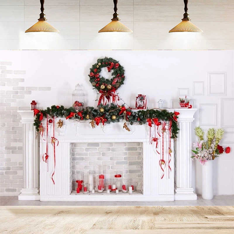 Christmas Photography Backdrop Fireplace Xmas Wreath New Year Holiday Interior Mantel Background Home Party Backdrop Wall Banner