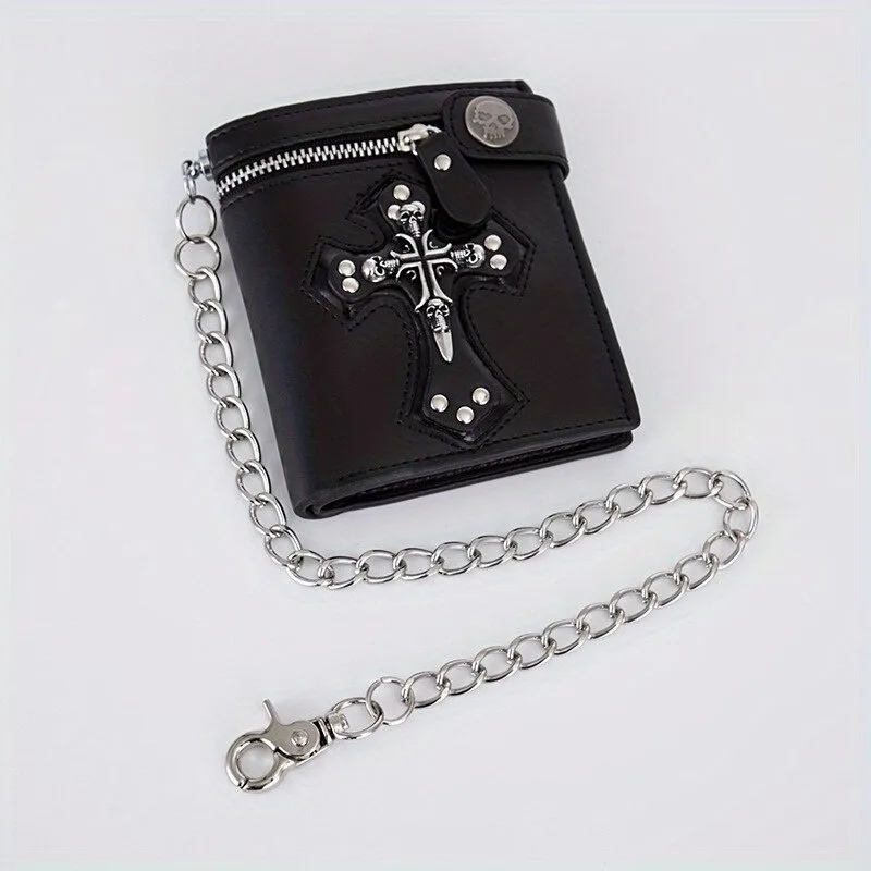 Punk Style New 2025 Retro Men's Skull Cross Wallet Clutch Bag Chain Rivets Card Purses Vintage Rocker Multi-Function Mini Wallet