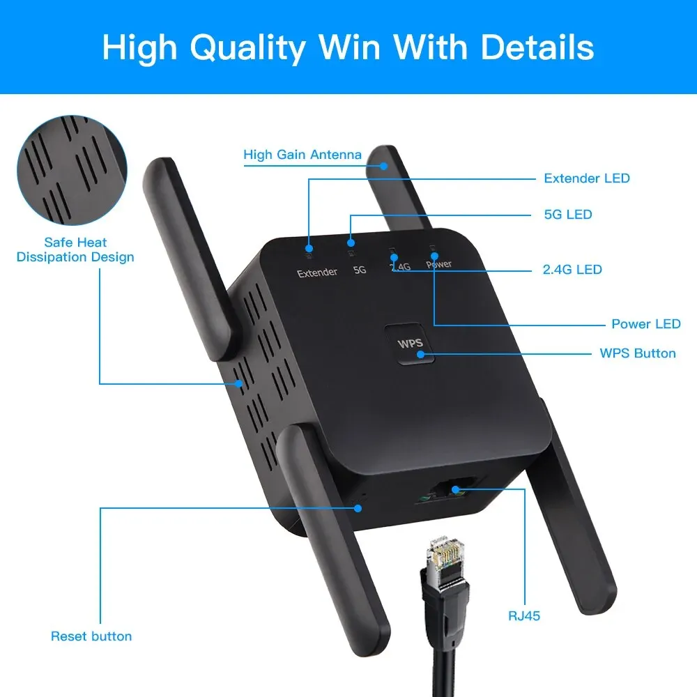 WiFi Repeater 1200Mbps 2.4GHz/5GHz Wireless Range Extender Signal Amplifier Wi-Fi Repetidor Booster EU/US Plug For Home Office