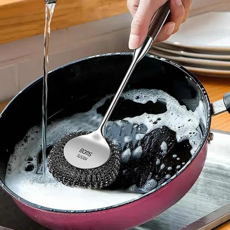 Stainless Steel Dish Scrubber Cleaning Brush For Pots With Long-Handle Cleaning Brush For Pots Non Stick Pot Steel Wire Ball