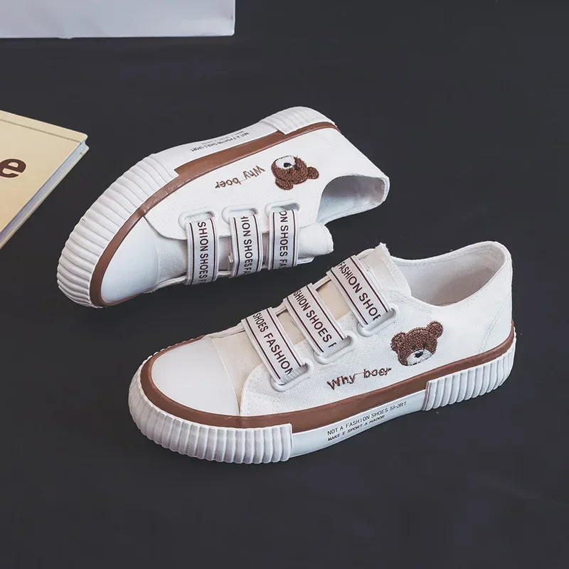 

Elastic Band Cute Cartoon Bear Pattern Women's Canvas Shoes Sewing Thread Soft Sole Thick Flat Shoes Outdoor Non Slip Fashion