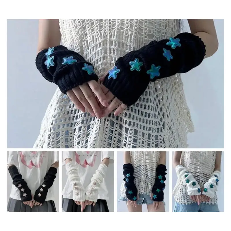 ﻿﻿Retro Gloves Lolita Cute Solid Color Star Knitted Gloves Arm Warmers Lolita Style Long Fingerless Gloves Party