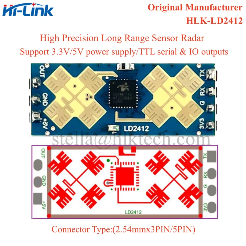 HLK-LD2412 HLK-LD2410B 24G 9 м Датчик присутствия и движения человека Радар на большие расстояния и большие углы FMCW Модуль измерения дальности LD2412