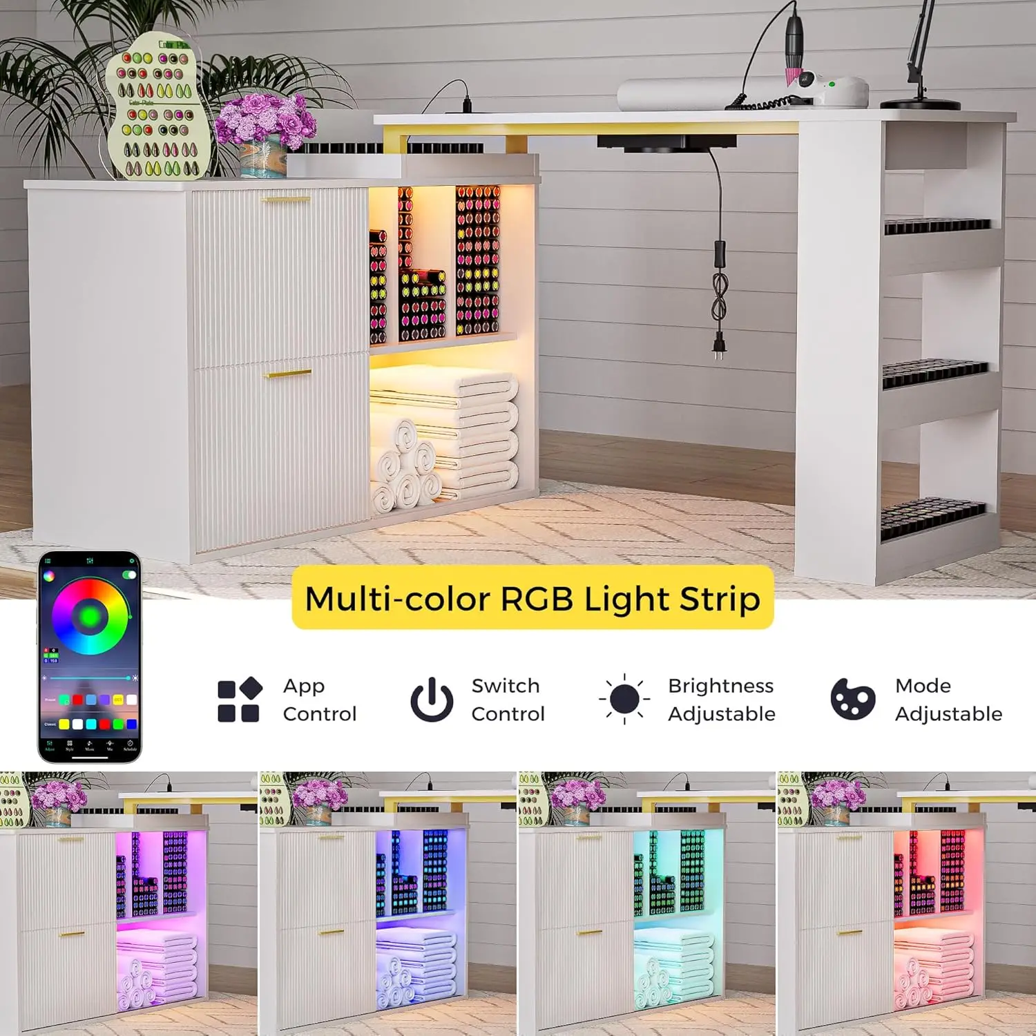 Manicure Table with LED Light, L-Shaped Nail Tech Table w/ Dust Collector & Power Outlets, Corner Nail Station, Customized