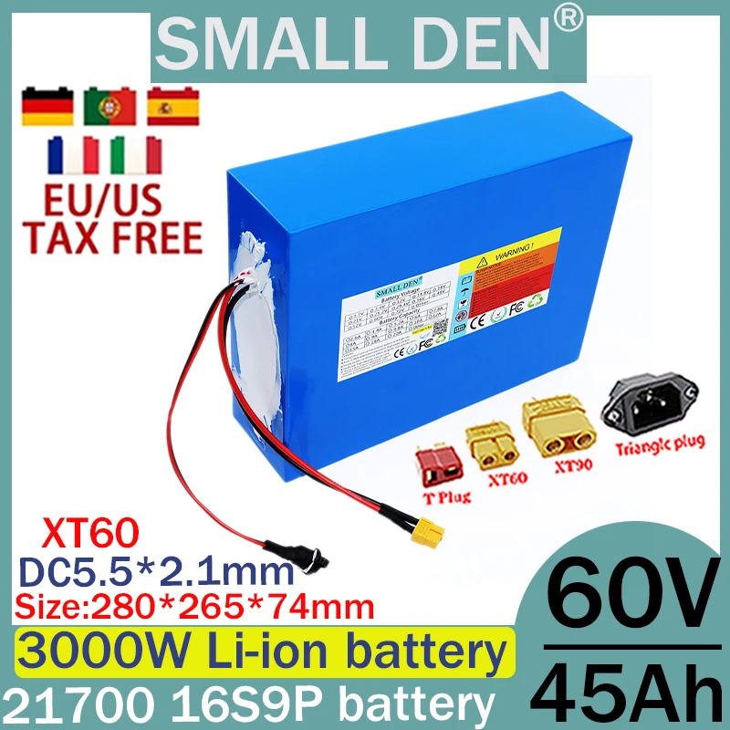 60V 45ah 21700 16S9P lithium battery pack 1000-3000W built-in 50A BMS 60V 45ah large capacity power supply for swimming boats