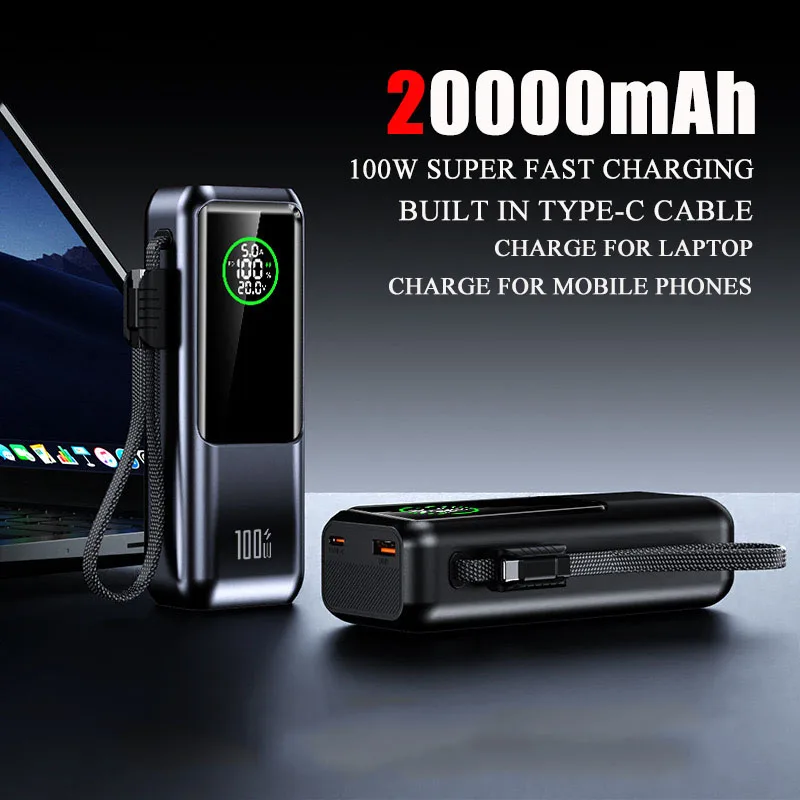 

Power Bank 20000 мАч с кабелем PD 100 Вт Портативное зарядное устройство для быстрой зарядки Powerbank для ноутбука iPhone Samsung Xiaomi Huawei