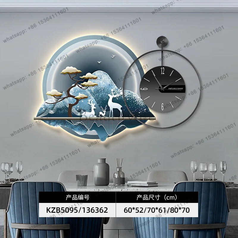 LJY LED Luxury High End Dining Room Wall Art with Clock Illuminated Hanging Mural for Dining Table Background Wall Decoration