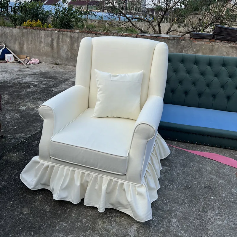 

HXL retro white fabric single sofa skirt edge high back bed and breakfast dressing chair