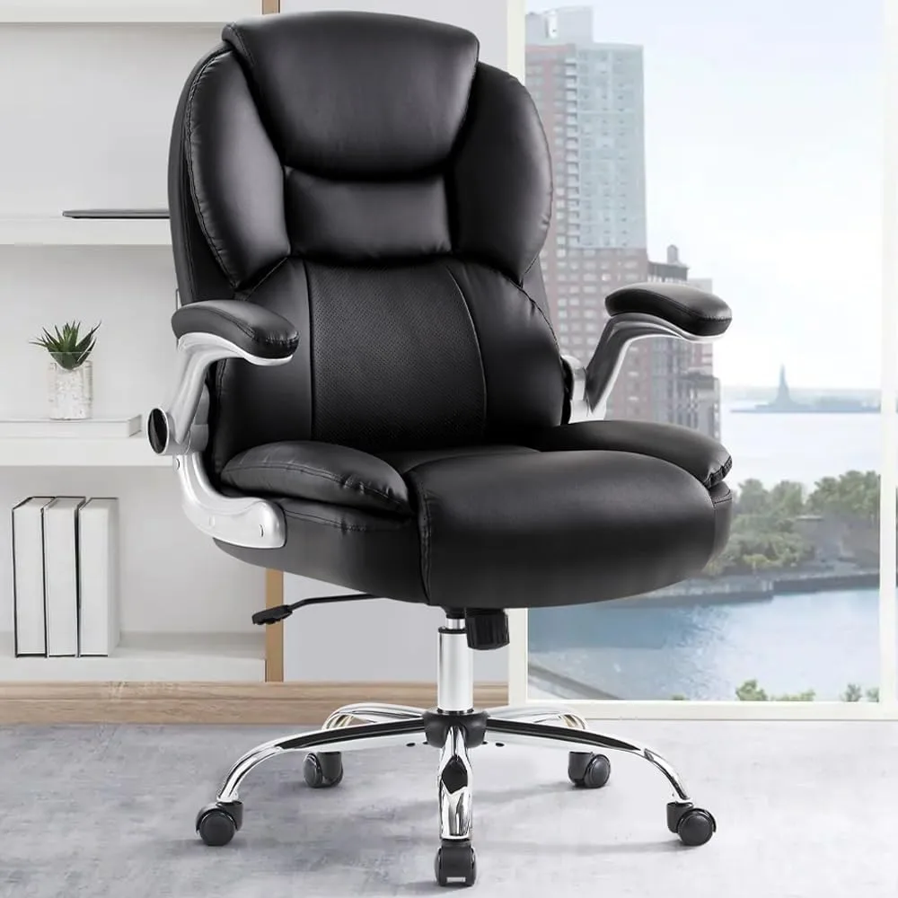 

Big and tall computer desk chair, high back PU leather, padded flip-up armrests, lumbar support, swivel rolling chair.