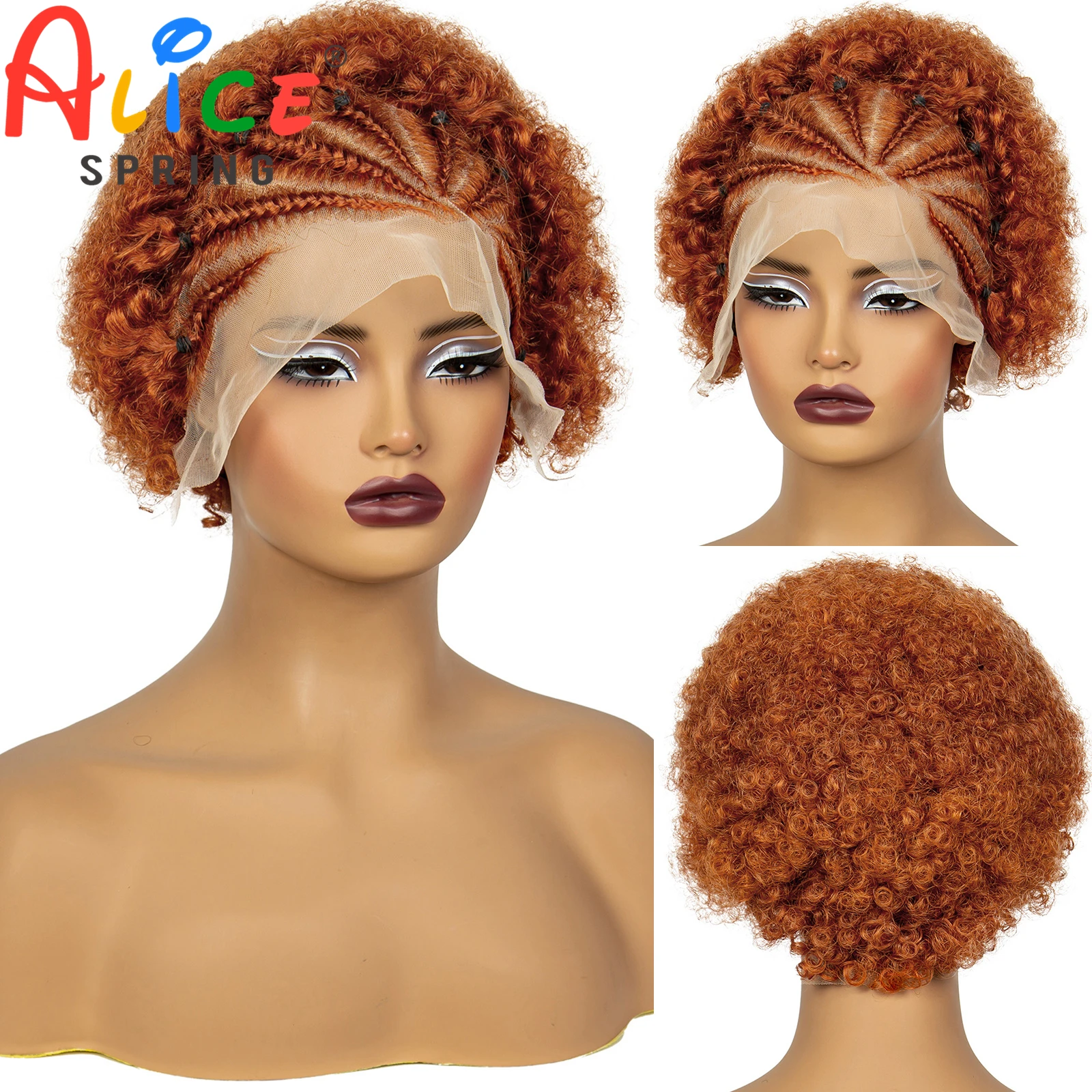 

350# Ginger Orange Synthetic Knotless Braided Wigs 13x4 Lace Frontal Short Afro Kinky Curly Braided Lace Wigs for Black Women