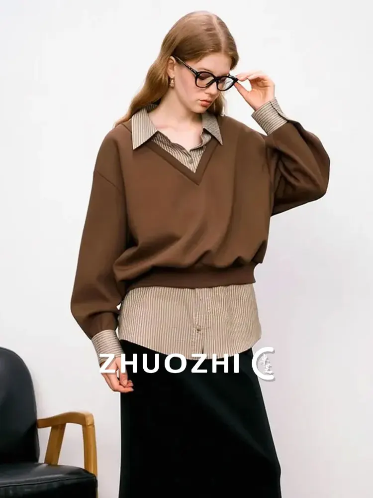 

Свитшот ZhuoZhi свободного кроя с пэчворком, модный, осенний, новый, с пуговицами, длинный рукав, женская одежда премиум-класса