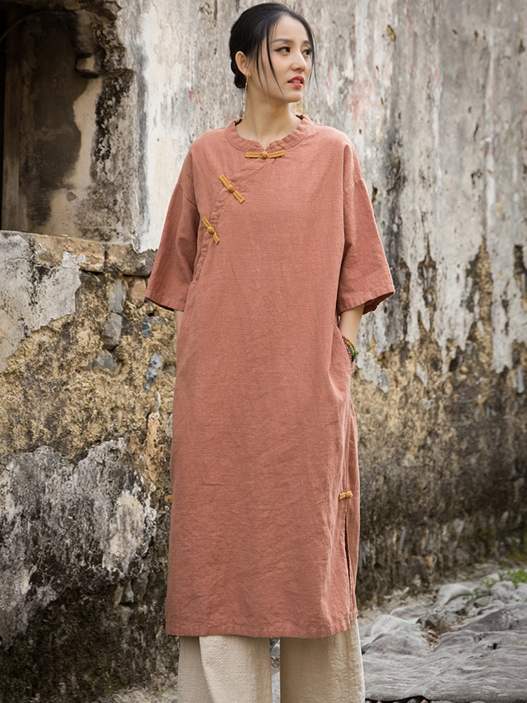 knee length dresses for ladies Linen dress, Long sleeve dress, Cheongsam dress, Chinese Vintage dress –  lijingshop