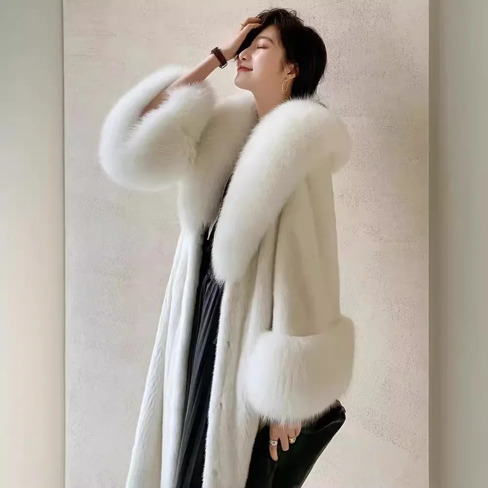 

Women Long Coats Faux Fox Fur Collar Thick Warm Coat Full Sleeve Elegant Autumn Winter Furry Outerwear Work Elegant Jacket