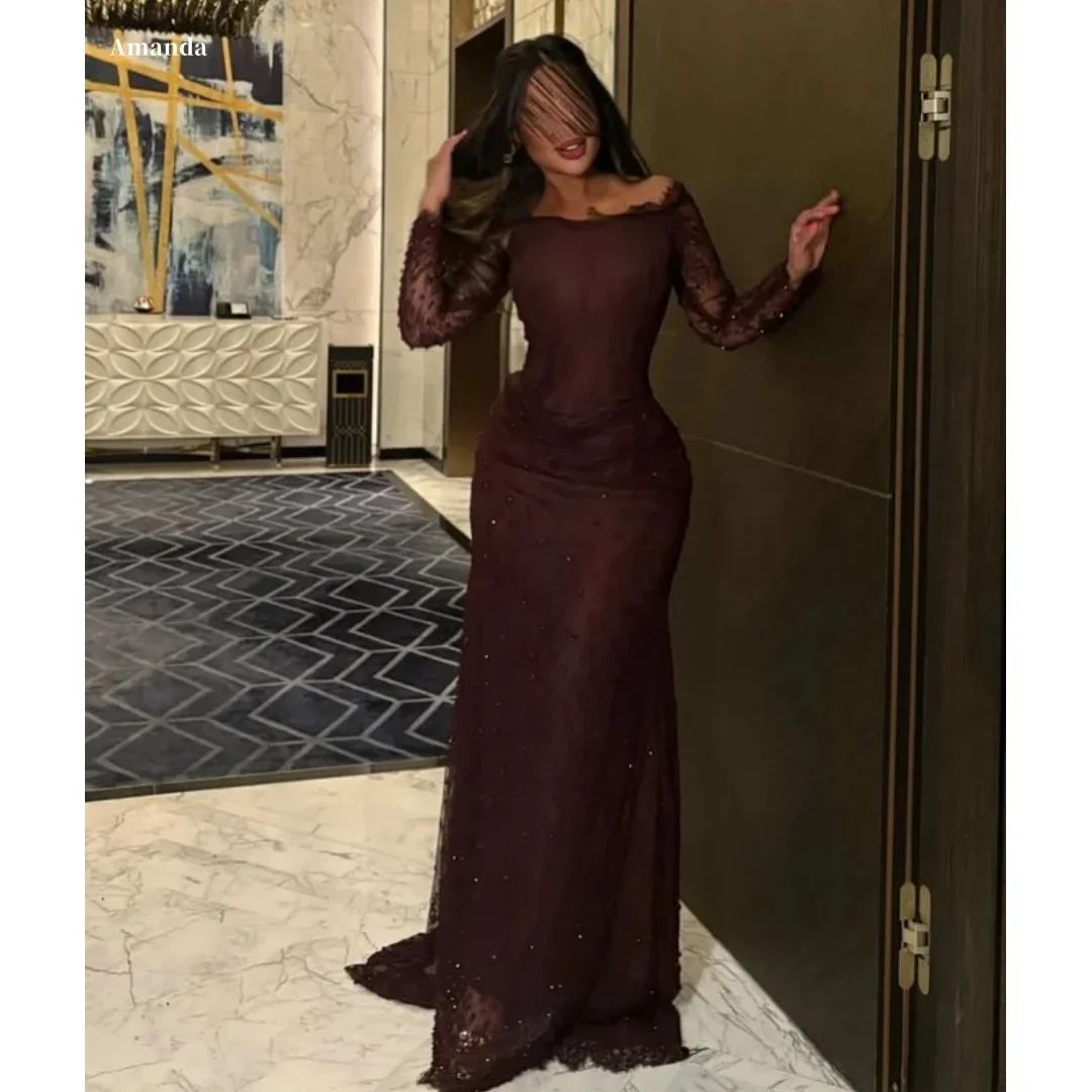 Amanda Customized Chocolate Brown Off Shoulder Prom Dress with Sheer Lace Long Sleeves Beaded Embellished Bodice Formal Evening