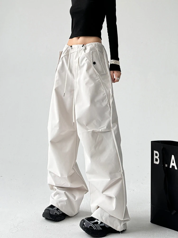 المرأة الخريف الشتاء ملابس العمل السراويل عالية الخصر الرباط عارضة مستقيم الساق واسعة الساق السراويل الطويلة الأمريكية Sle الأبيض