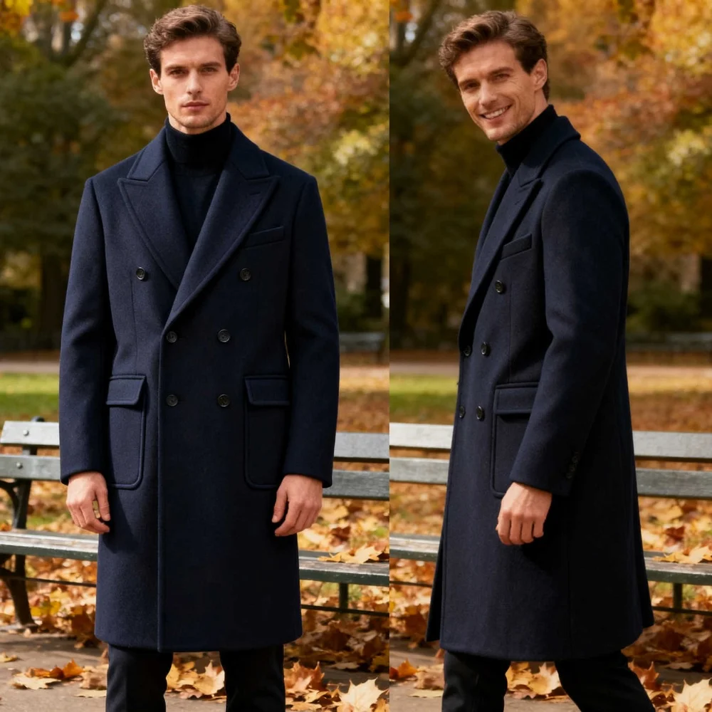 맞춤형 울 혼방 남성 롱 오버코트 원피스 더블 브레스티드 피크드 라펠 코트 겨울 야외 방한 오버코트