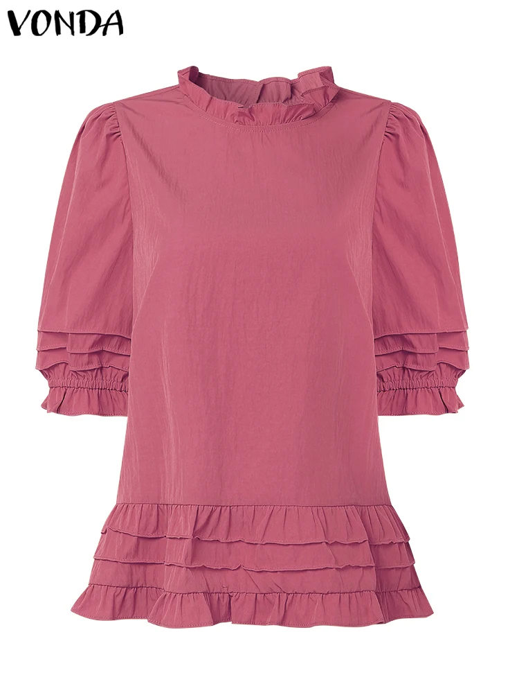 韓国風Oネックトップス レディースブラウス 2025 VONDA 半袖シャツ エレガントなフリル付きチュニック カジュアル ルーズ 無地 パフスリーブ ワークブラウス