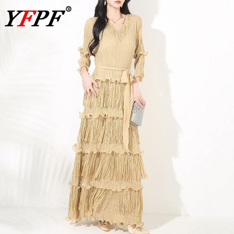

YFPF Elegant Women Long Dress Bronzing Tassel Design V Neck Belt Gathered Waist Party Dresses Miyake Pleated 2025 New Clothing