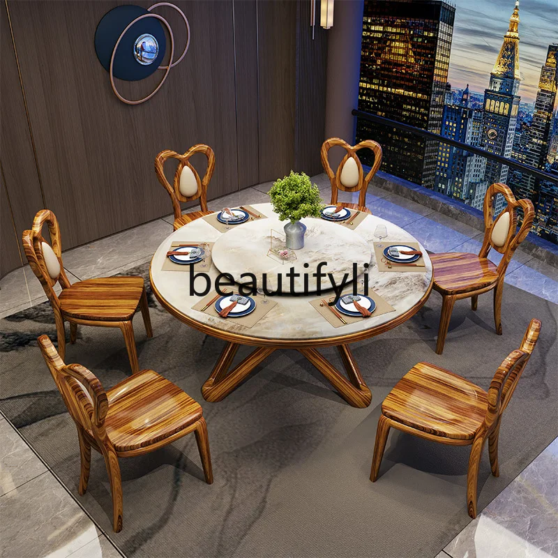

Household dining Ebony solid wood dining table Modern turntable table Solid wood diningand chair combination