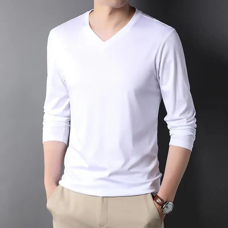 MRMT 2024 Brand New Cotton Long-Sleeved t-Shirt Men's V-Neck Solid Color All-Match Middle-Aged Men's Bottoming Shirt Tops