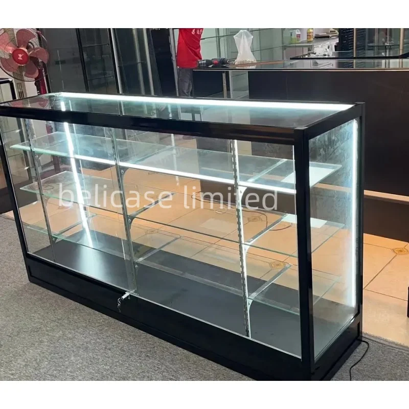 custom，6ft Retail Store Display Showcase Full Glass Cabinets With Led Lights Lockable Convenience Store Glass Counter