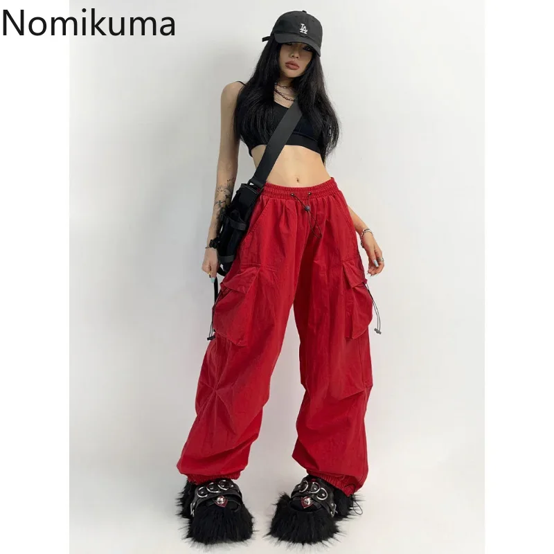 

Nomikuma Pantalones De Mujer Spring Summer Wide Leg Drawstring Loose Cargo Pants Vintage Elegant Harajuku Casual Women Clothing