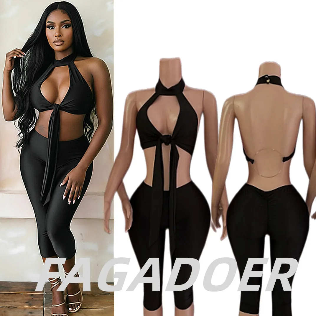 FAGADOER Sexy Black Hollow Out Shorts Two Piece Sets Hot Girl Sexy Bandage Halter Big Circle Crop Top + Bodycon Shorts Suits