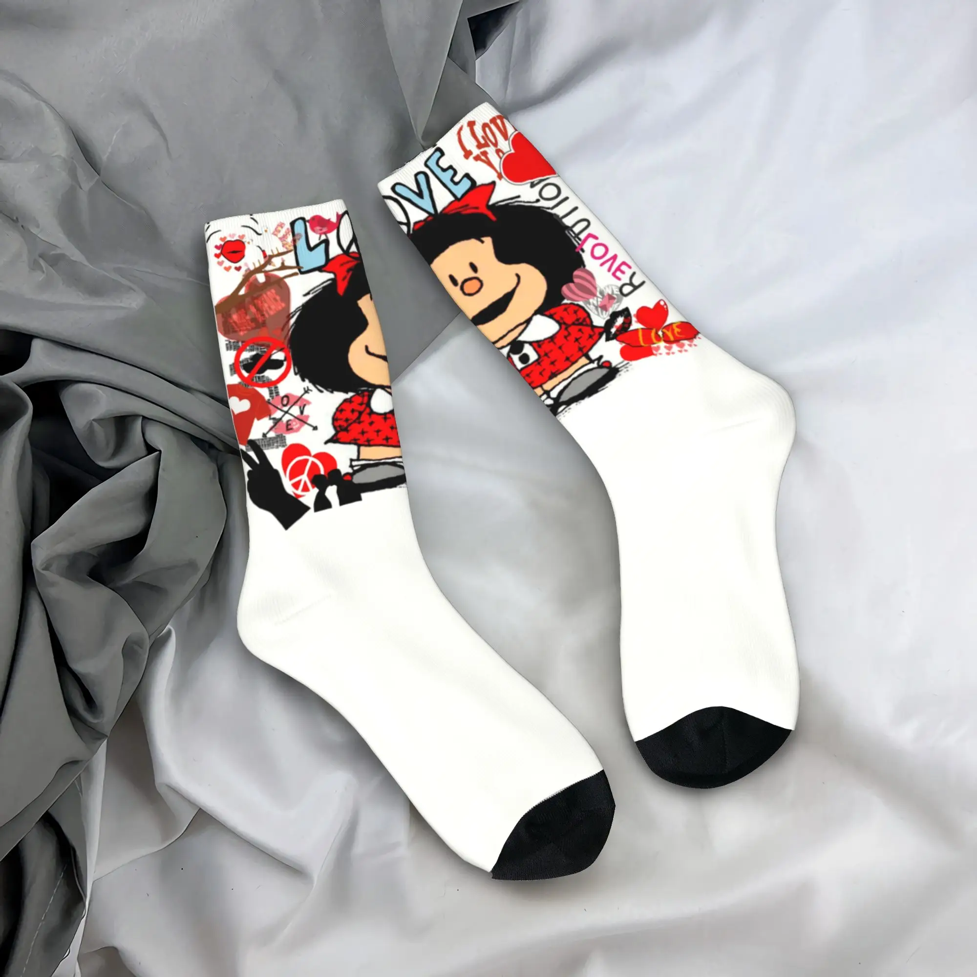 

Custom Love And Mafalda Surrounded By Hearts Crew Socks Unisex Novelty Manga Cartoon Spring Summer Autumn Winter Dress Socks