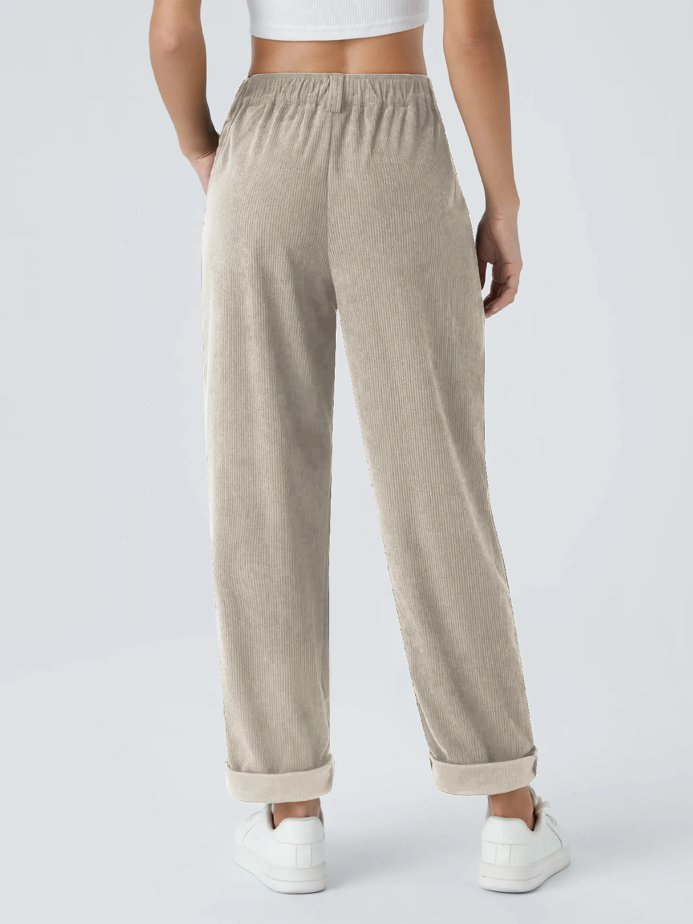 Neue Herbst- und Winter-Freizeitanzüge für Damen in Unifarben aus Cord mit weitem Bein und geraden, samtartigen Hosen, die schlank aussehen – Detail 13