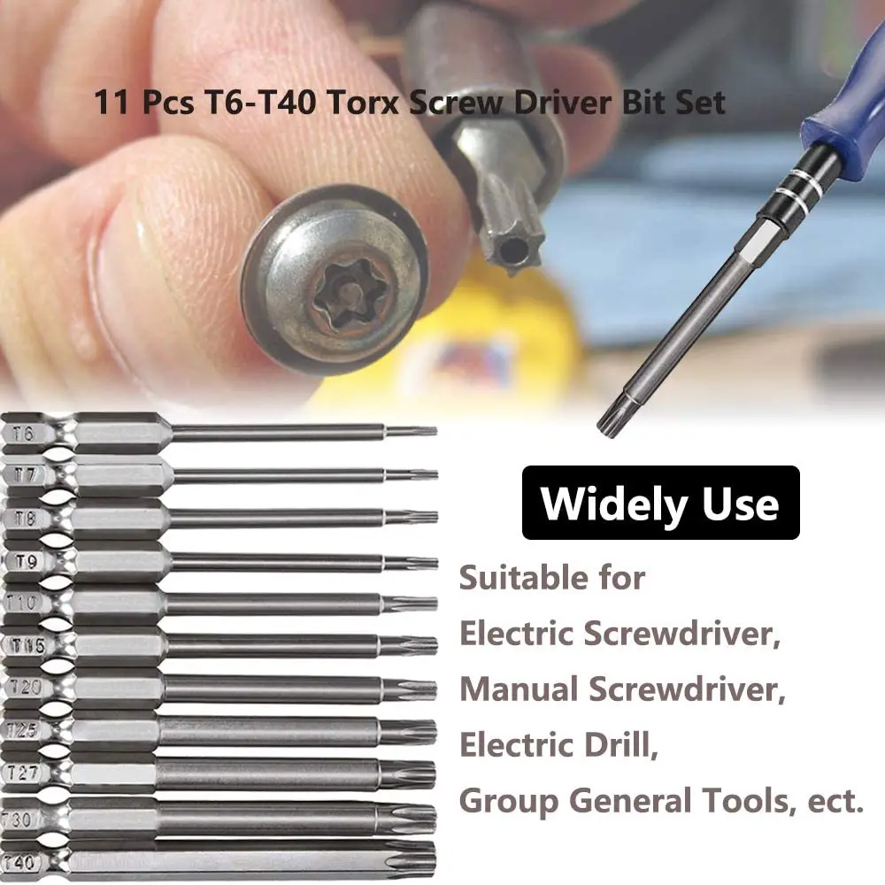 11 Uds Torx conjunto de puntas de destornillador con agujero T6 T8 T9 T10 T15 T20 T25 T27 T30 T35 T40 1/4 pulgadas vástago hexagonal 75mm/3 pulgadas de largo