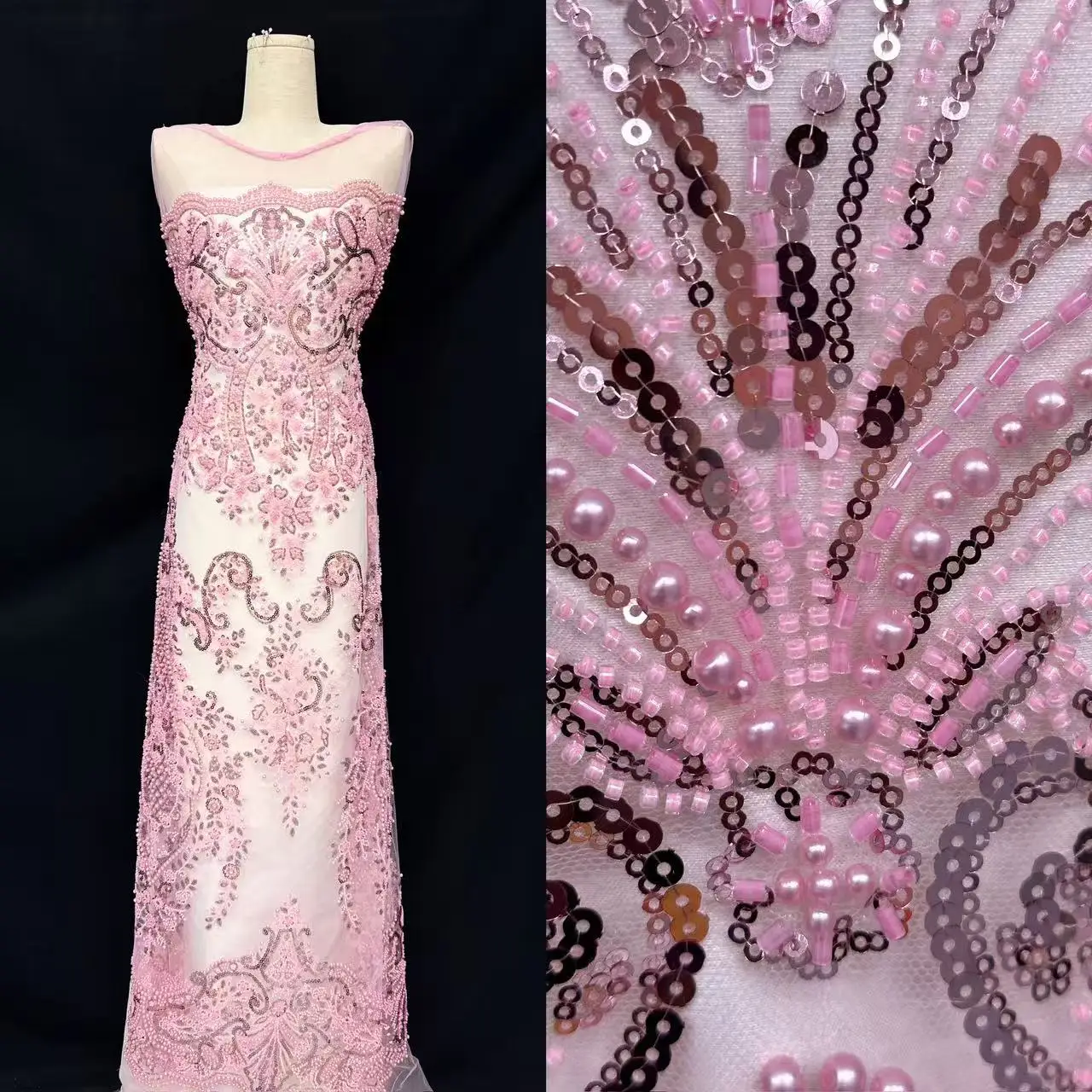 Africano 2025 Tessuto di pizzo con perline rosse Francese 5 metri Tulle Maglia Paillettes Tessuti di pizzo ricamato Matrimoni Vestito da festa TP1415