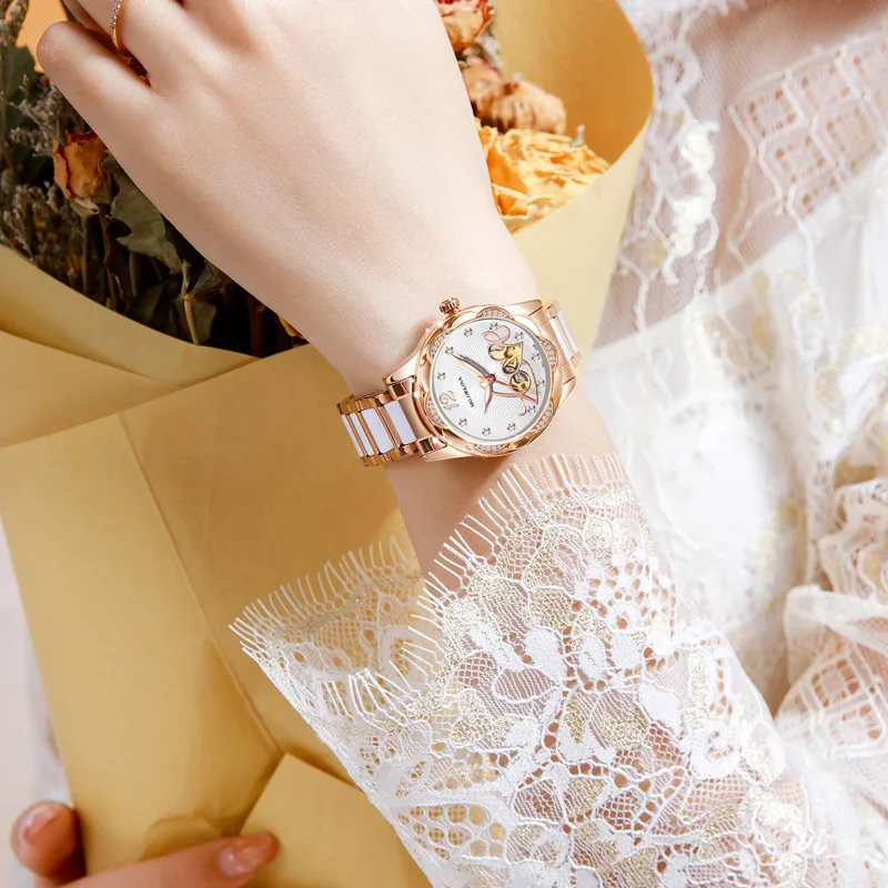 Nouvelle mode femmes montres mécaniques en acier inoxydable bracelet en céramique étanche luxe automatique squelette Montre femmes Montre Femme