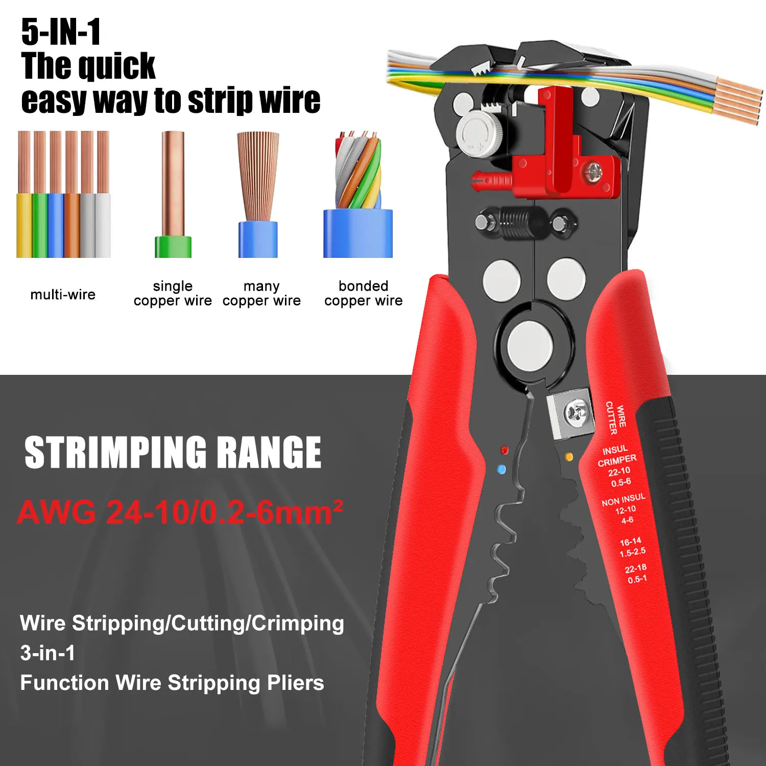 HS-D1-Dénudeur de fil électrique auto-ajustable 3 en 1, dénudeur/coupe/sertissage rapide, dénudeur automatique pour 10-24 AWG
