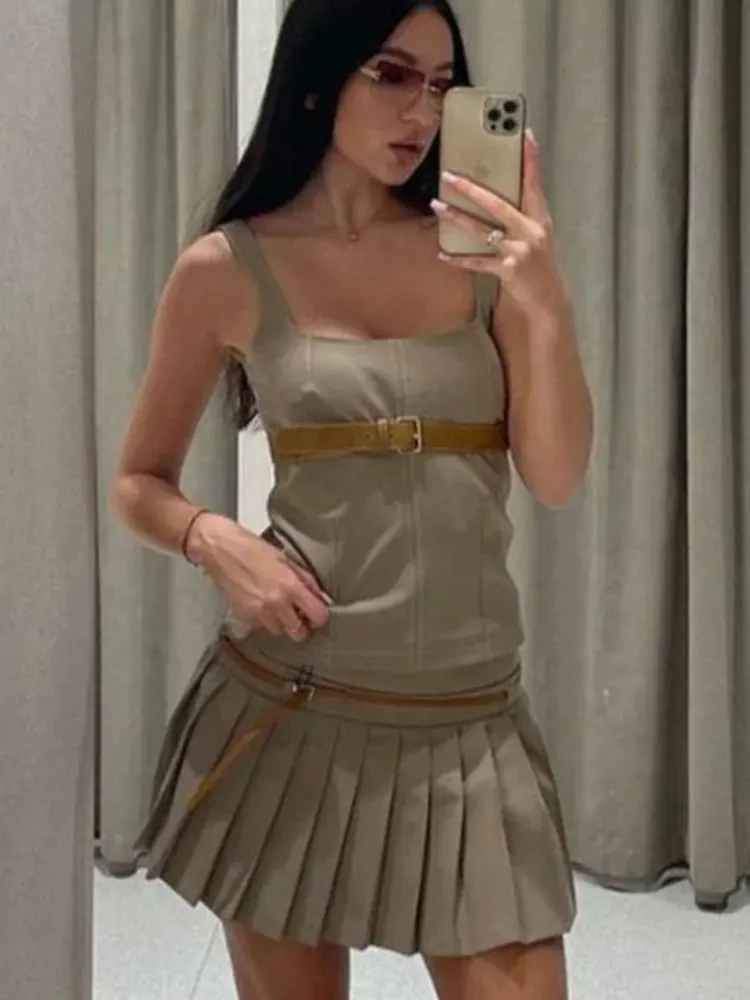 HH 2025 Verano Mujer Retro empalmado ​ ​ Falda con cinturón de cuero para mujer, minifalda plisada elegante de cintura alta con cremallera, ropa de calle