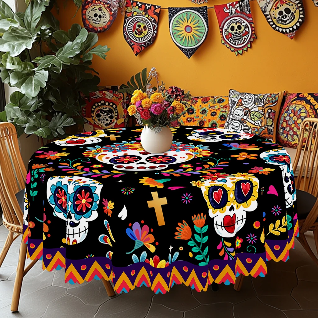 1-teilige runde und rechteckige Tischdecke mit mexikanischem Tag der Toten, verschiedene Größen, reichhaltige Totenkopf-Party-Tischdecke mit bedrucktem Muster, perfekte Wahl für die Halloween-Tag der