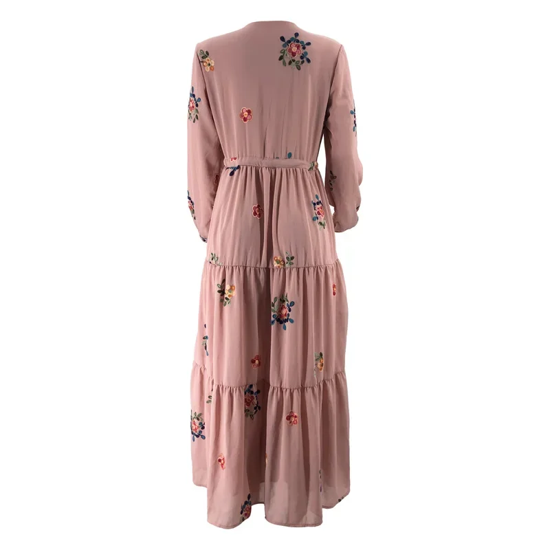 Long Sleeve Lace-up Kaftan Embroider Slim-fit Maxi Dresses for Women Abaya Dubai Islam Muslim Dress Women Robe Elegante Femme