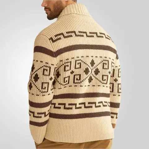 New Men's Lapel Casual Cardigan Jacket Long Sleeved Slim Fit Jacquard Knitted Sweater