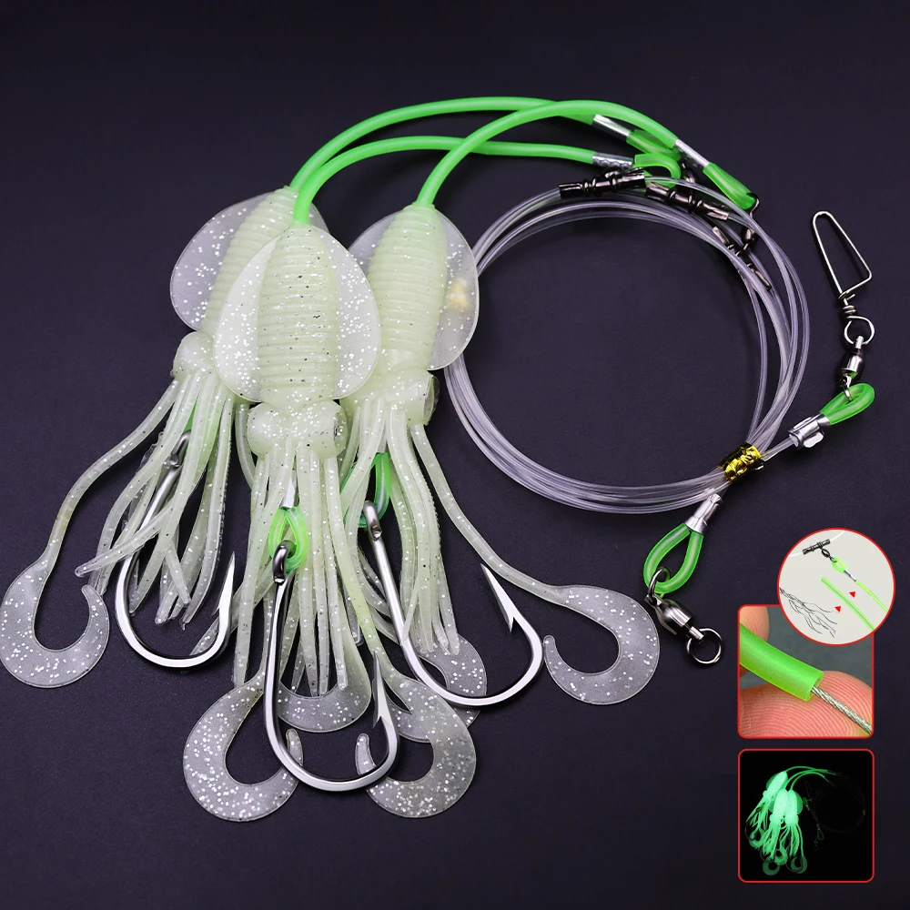 ZYZHE 1 Stück Tiefwasser-Rigs mit leuchtendem Tintenfischköder und hochfesten großen Fischhaken für Thunfisch, Marlin, Schwertfisch, Hoch- und Tiefwasser-Rigs – Detail 6