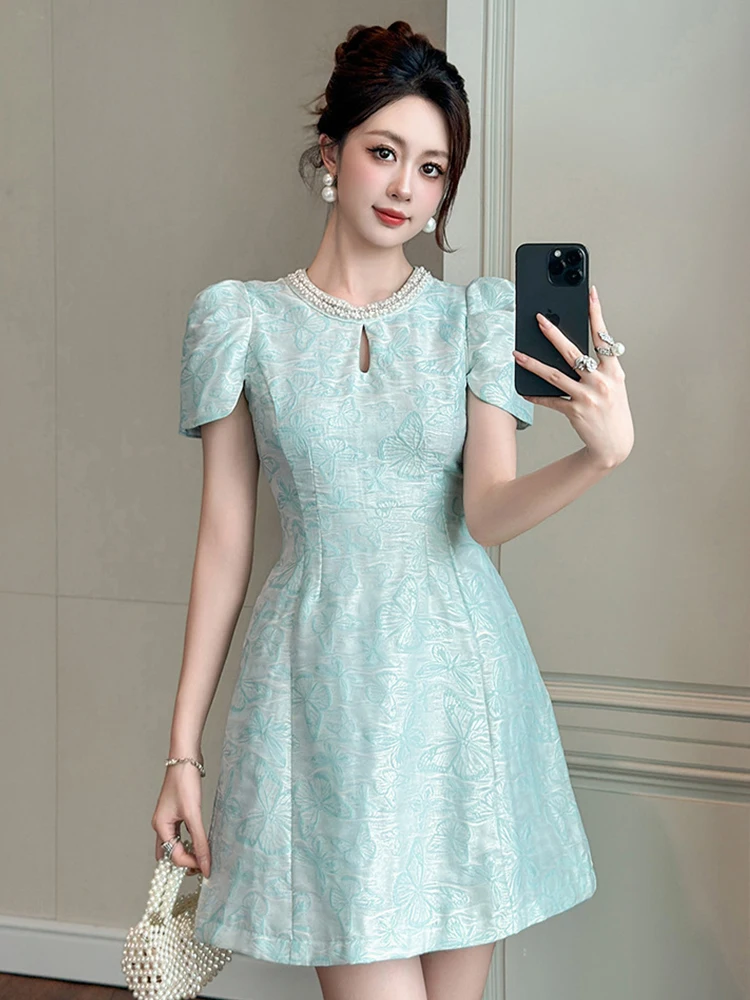 Frauen Vintage Süße Mini Kleid Weibliche Nette Perle Trim Hohl Ausschnitt Taschen Elegante Kurze Kleid Dame Party Club Formale Vestidos