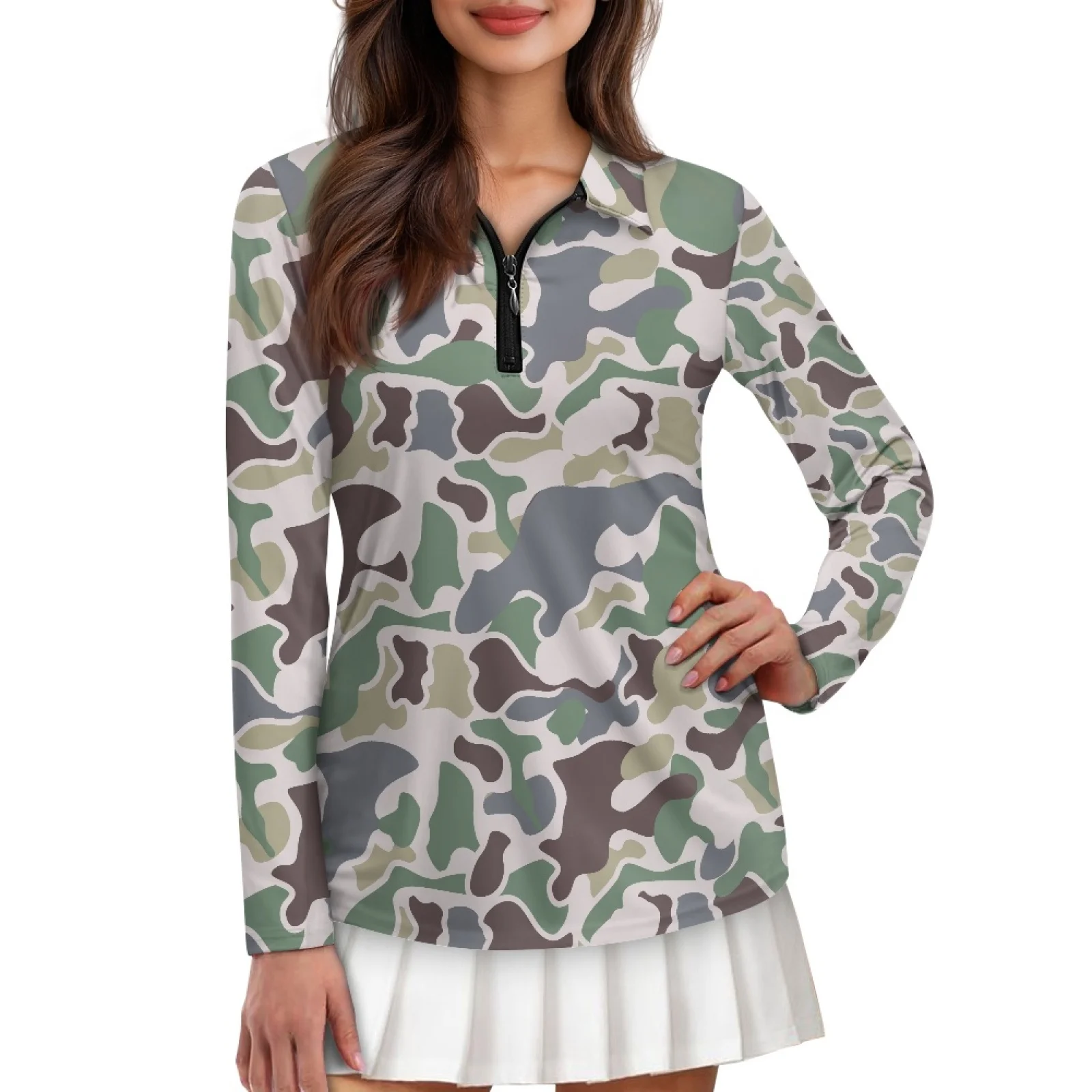PENSTROLL Camo Print Womens Long Sleeve Hiking Tops Plus Size Ladies Golf Polo Shirts for Jogging