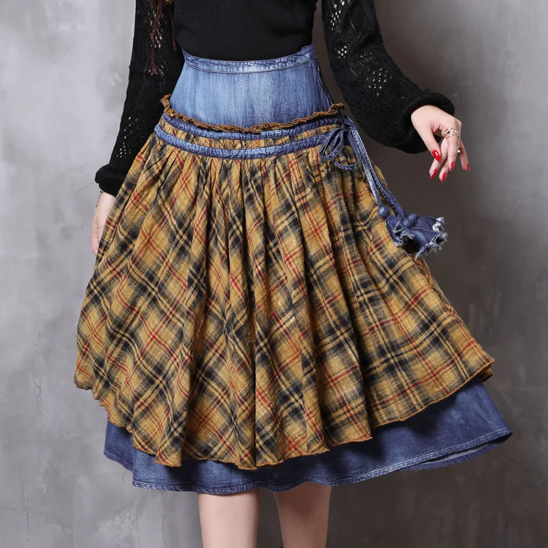 

Women's Clothing New Denim Patchwork Pleated Midi Skirt Vintage Plaid Color-Blocked Midi Skirt