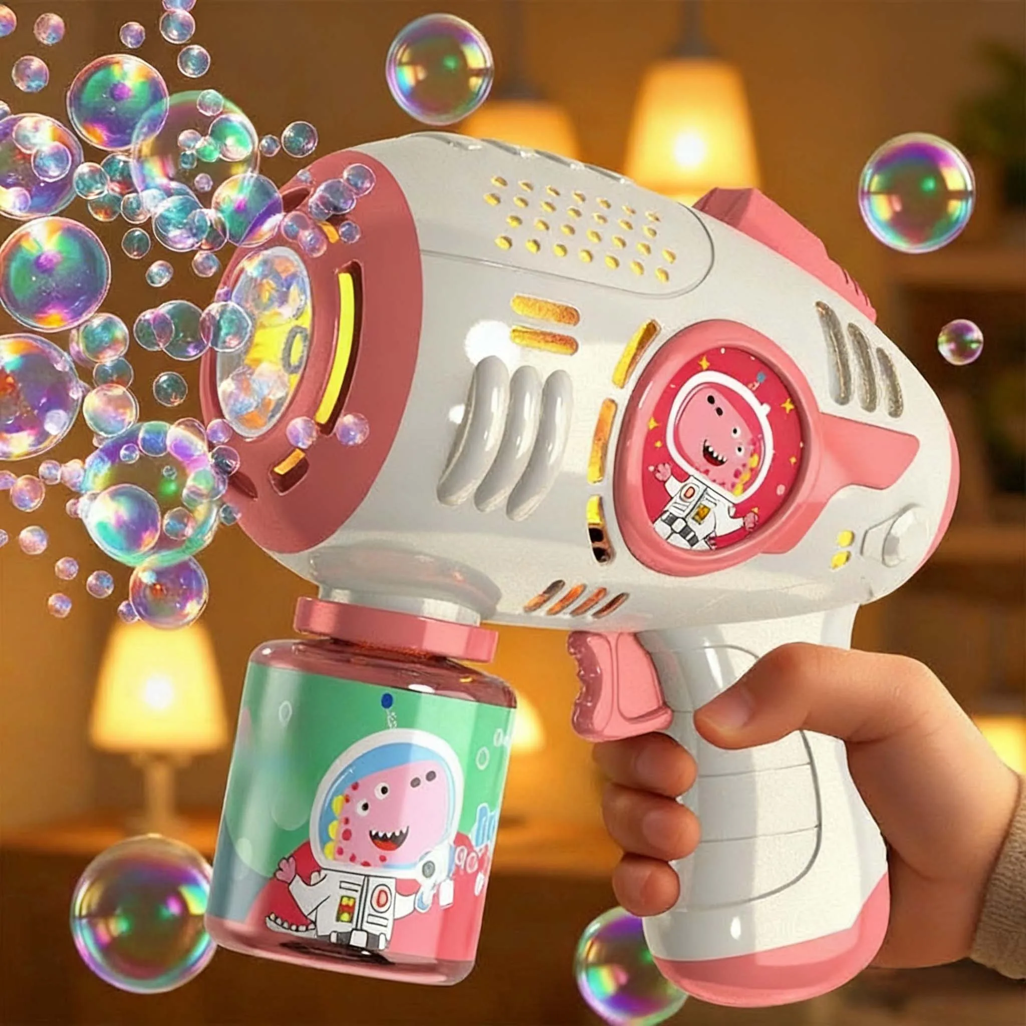 ปืนเป่าฟองสบู่อัตโนมัติสำหรับเด็ก ปืนเป่าฟองสบู่ไฟฟ้าแบบมือถือ รูปทรงไดโนเสาร์อวกาศ ของเล่นปืนสำหรับเล่นกลางแจ้ง พร้อมน้ำยาทำฟองสบู่ ของขวัญสำหรับเด็ก