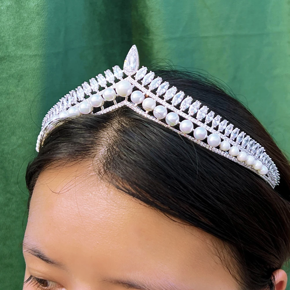 Pera Elegant Wedding Bride Crowns Cubic Zirconia Pearl Tiara Princess Headwear Pagant Party Hair Accessories for Women Gift H029