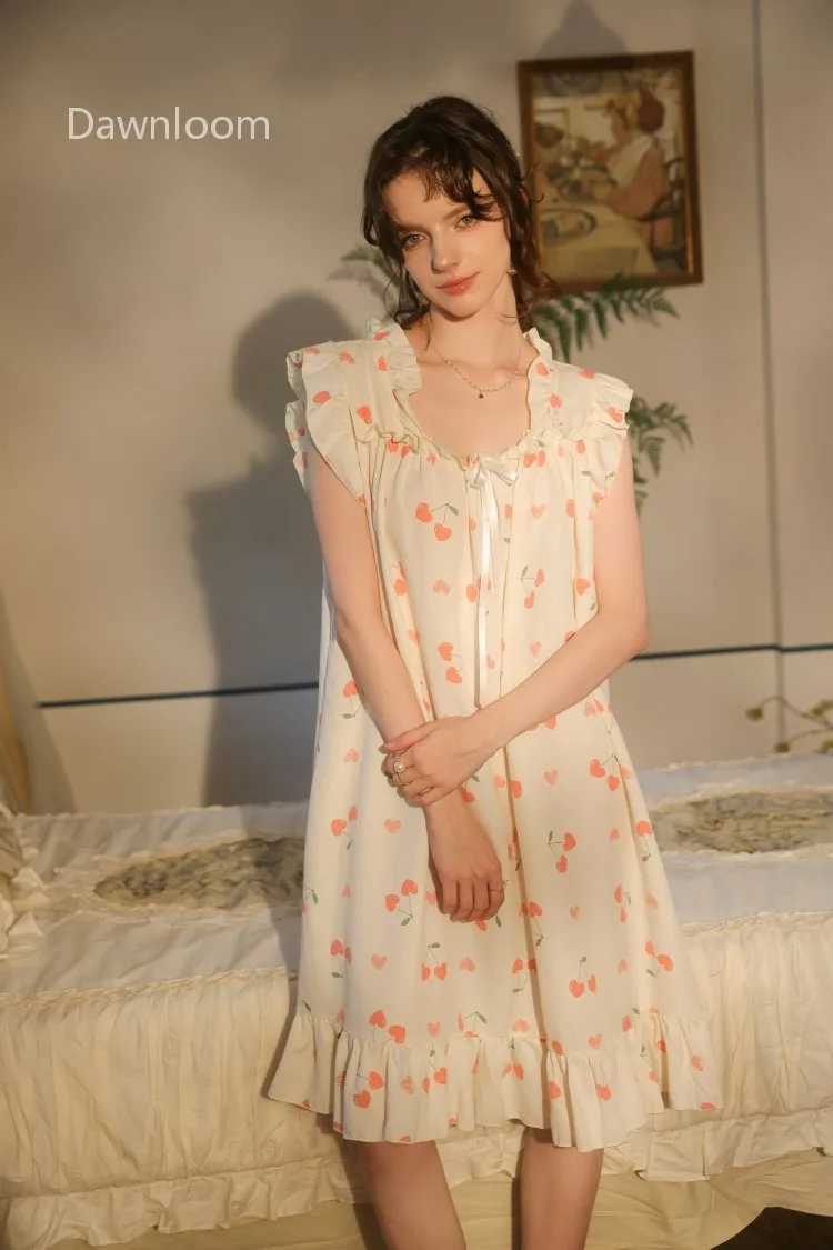 

Dawnloom Cream White Cherry Print Cloud Cotton Ruffled Sleeveless Nightgown for Women Cute Sweet Home Pajamas