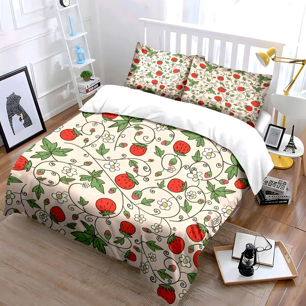 Hand-drawn strawberries and flowers pattern Printed Duvet Cover Set 1 Duvet Cover+2 Pillowcase Multi Size Bedroom Bedding Decor
