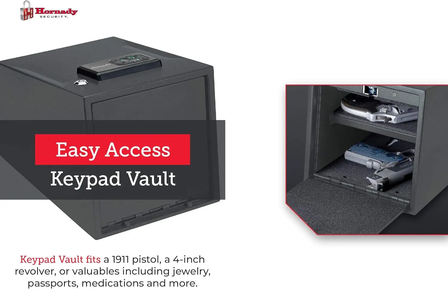 2 Handgun Vault Safe with Keypad Entry – Secure Your Firearms and Valuables – 4-6 Keypad Entry, Interior Light and Backup Keys –