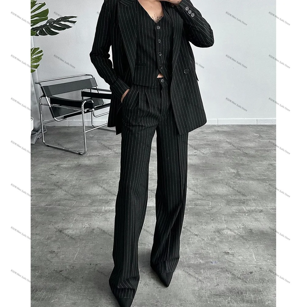 Black Double Breasted Pinstripe Women Suits Elegant Peak Lapel Blazer Luxury Business Office Lady 3 Piece Jacket Pants Vest Set