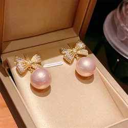 Light Luxury Style Slightly Inlaid Bowknot Pink Pearl Delicate Sweet Fashion Versatile Earrings for Women Gifts Jewelry .