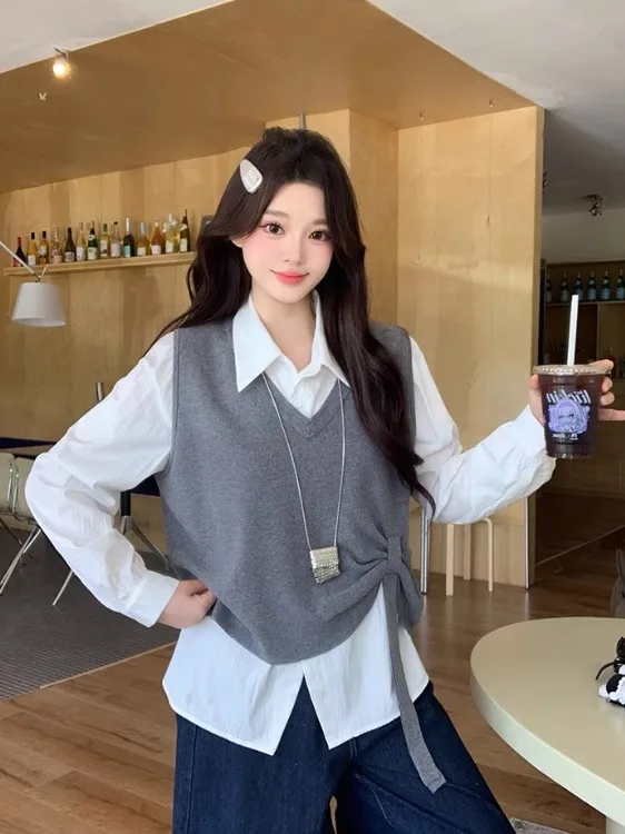 

plus Size Women's Lazy Sle Casual Knitted Vest Top And Bot Set Autumn New Faion Slimming Versatile Long Sve irt